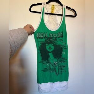 Vintage Y2K Green Graphic Tank with Girl and New York accents